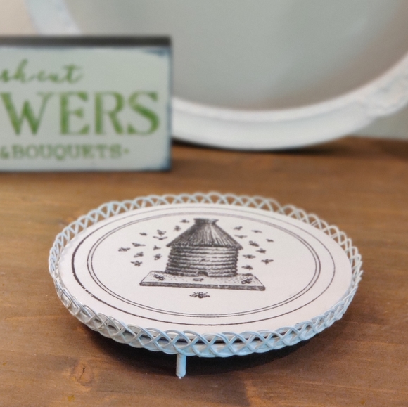 Vintage Cast Iron Plant Stand with Dual Sided Wood Art Round - Picture 2 of 7